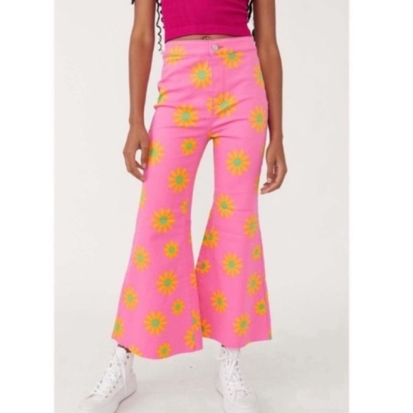 Free People Youthquake Printed Crop Flare Jeans In Lipstick Combo - Picture 6 of 6